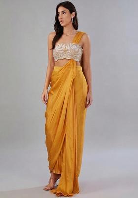 Golden Embroidered Handwork Pre Draped Saree Set