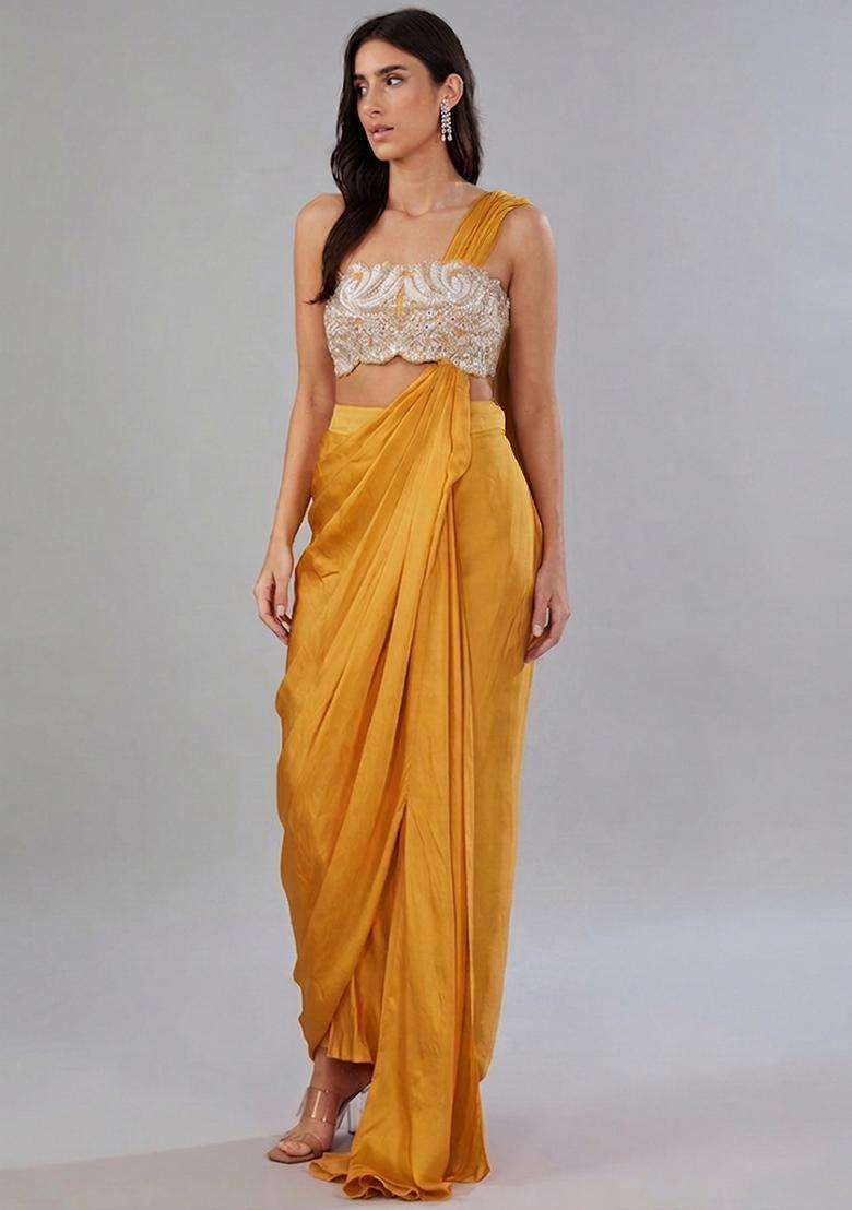 Golden Embroidered Handwork Pre Draped Saree Set - Indya