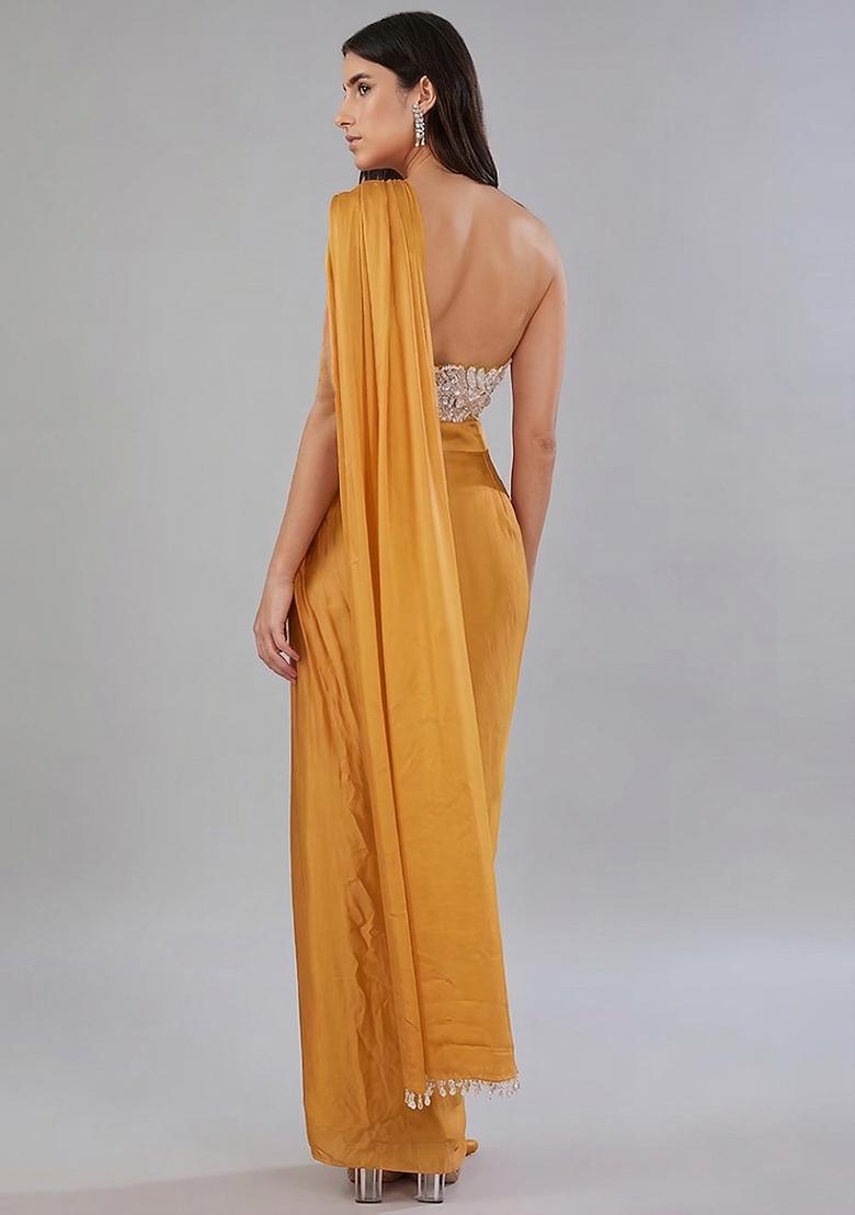Golden Embroidered Handwork Pre Draped Saree Set - Indya