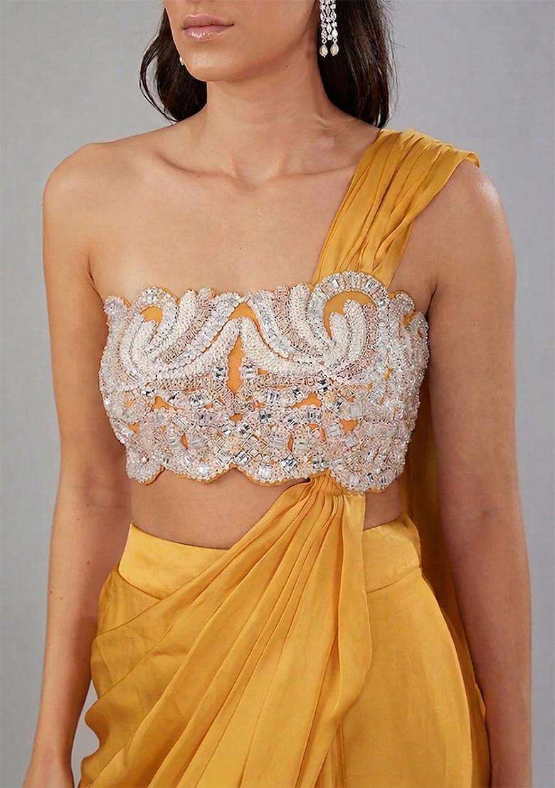 Golden Embroidered Handwork Pre Draped Saree Set - Indya