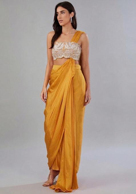 Golden Embroidered Handwork Pre Draped Saree Set