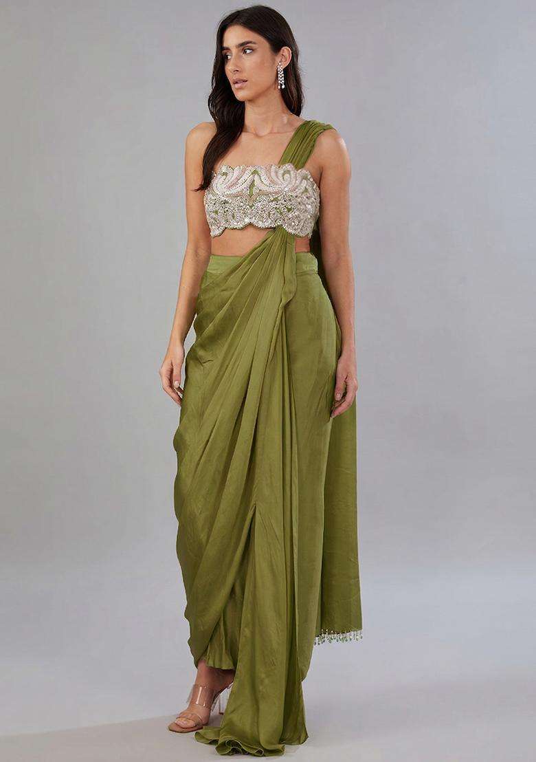 Green Embroidered Handwork Pre Draped Saree Set - Indya