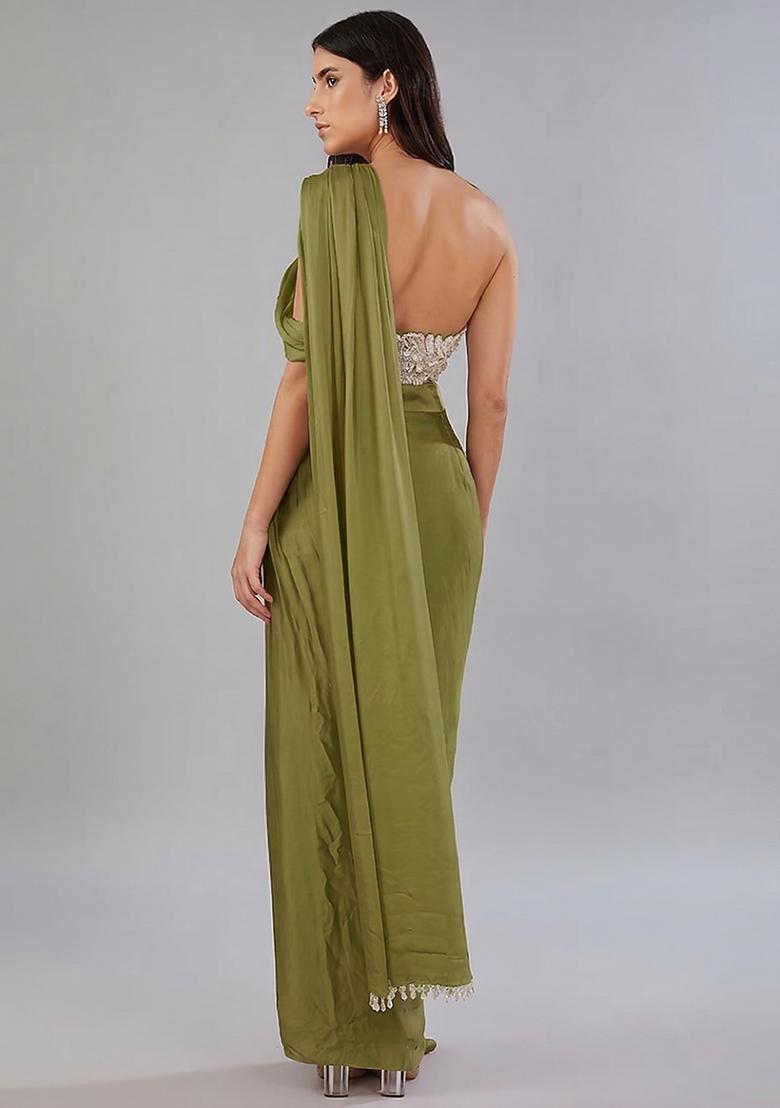 Green Embroidered Handwork Pre Draped Saree Set - Indya
