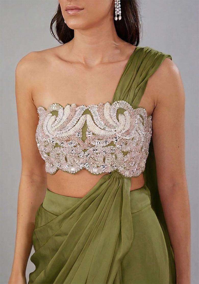 Green Embroidered Handwork Pre Draped Saree Set - Indya