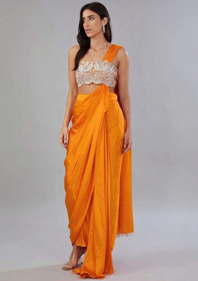 Orange Embroidered Handwork Pre Draped Saree Set - Indya