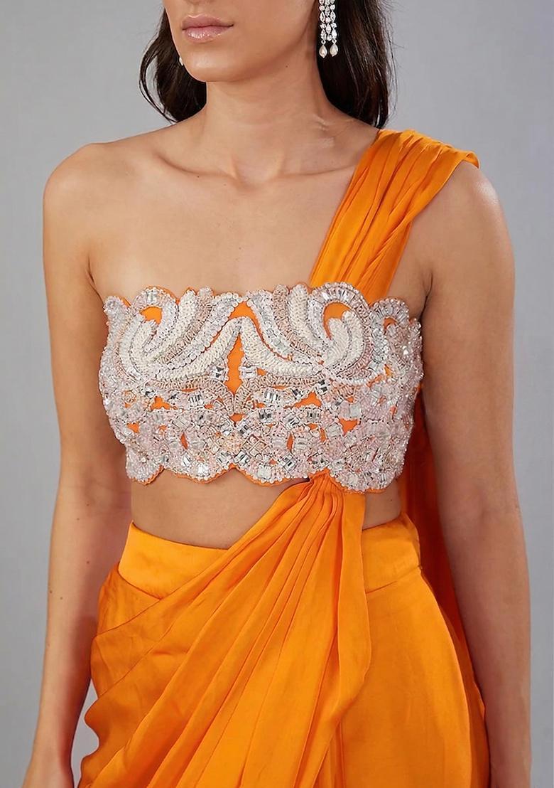 Orange Embroidered Handwork Pre Draped Saree Set - Indya