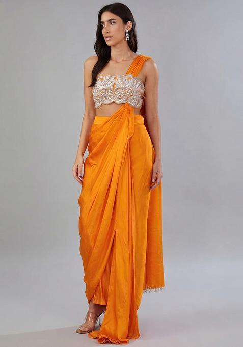 Orange Embroidered Handwork Pre Draped Saree Set