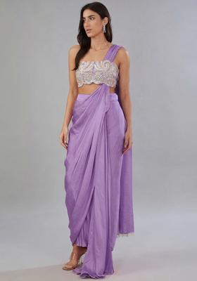 Purple Embroidered Handwork Pre Draped Saree Set
