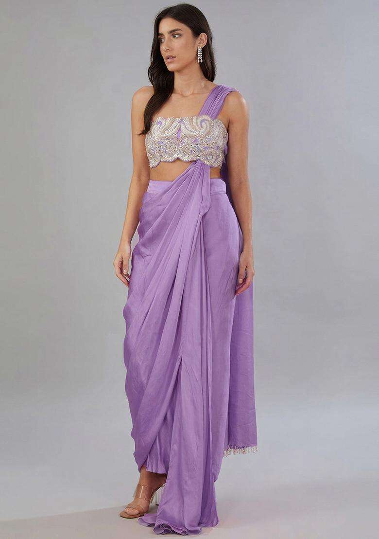 Purple Embroidered Handwork Pre Draped Saree Set - Indya