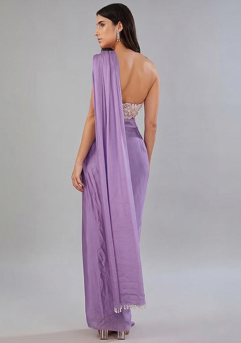 Purple Embroidered Handwork Pre Draped Saree Set - Indya