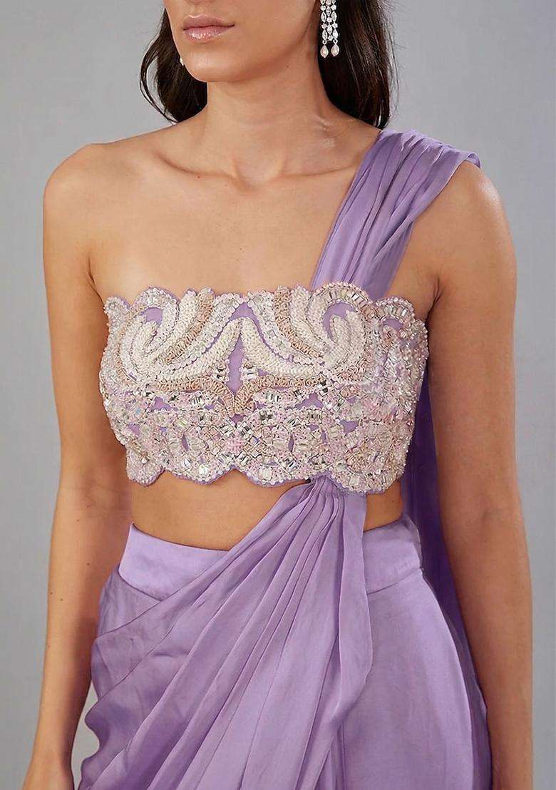 Purple Embroidered Handwork Pre Draped Saree Set - Indya