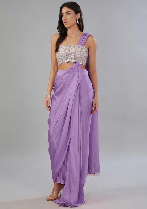 Purple Embroidered Handwork Pre Draped Saree Set