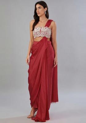 Red Embroidered Handwork Pre Draped Saree Set