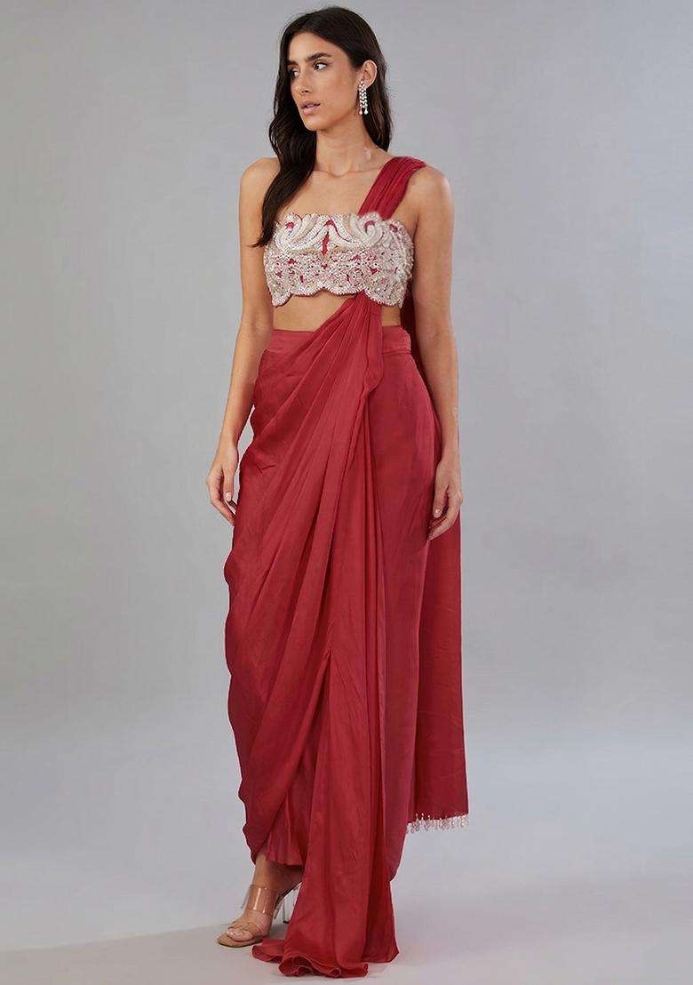 Red Embroidered Handwork Pre Draped Saree Set - Indya
