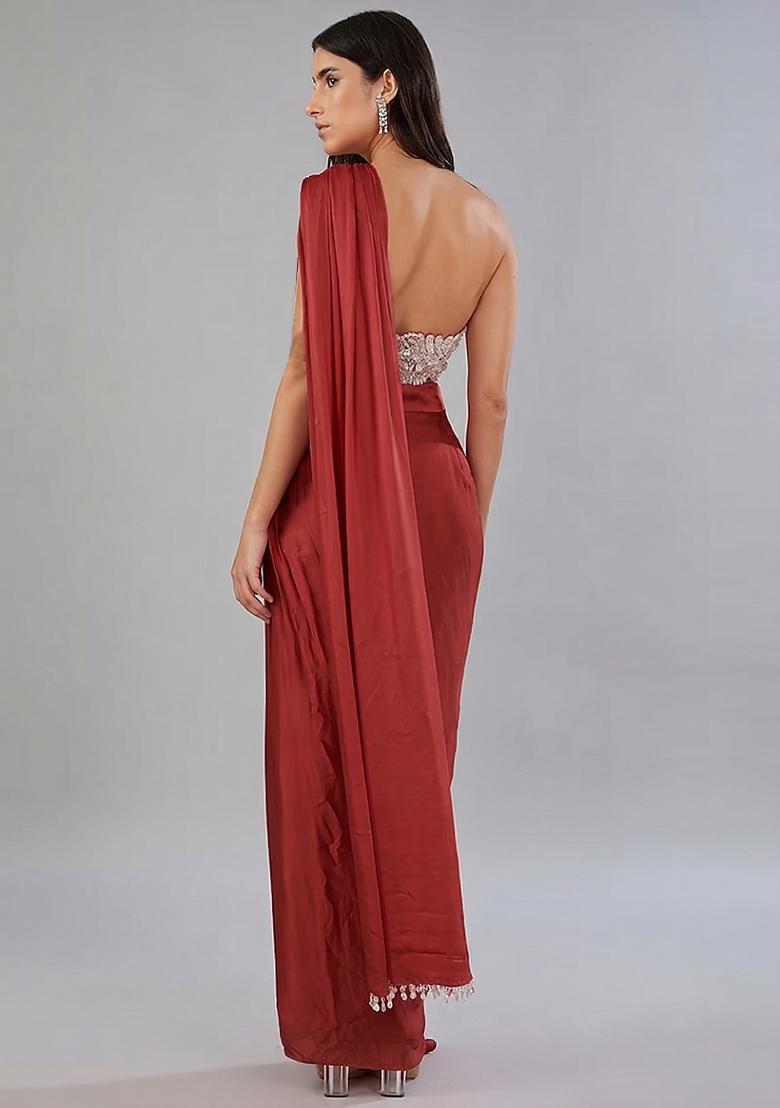 Red Embroidered Handwork Pre Draped Saree Set - Indya