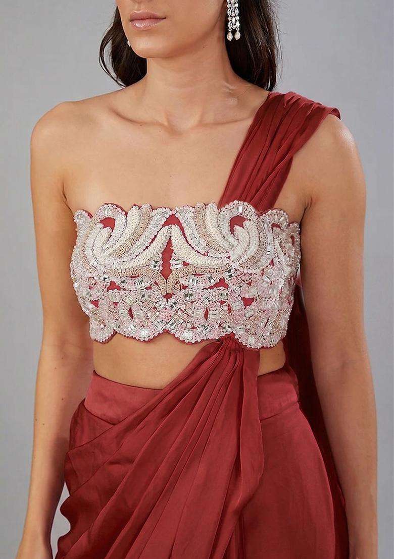 Red Embroidered Handwork Pre Draped Saree Set - Indya