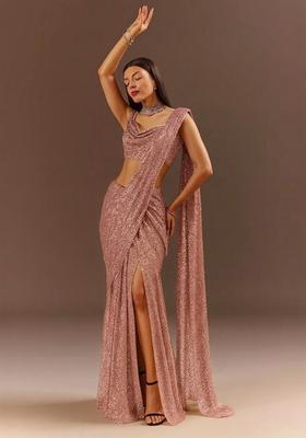 Rose Gold Embellished Lurex Pre Draped Saree Set