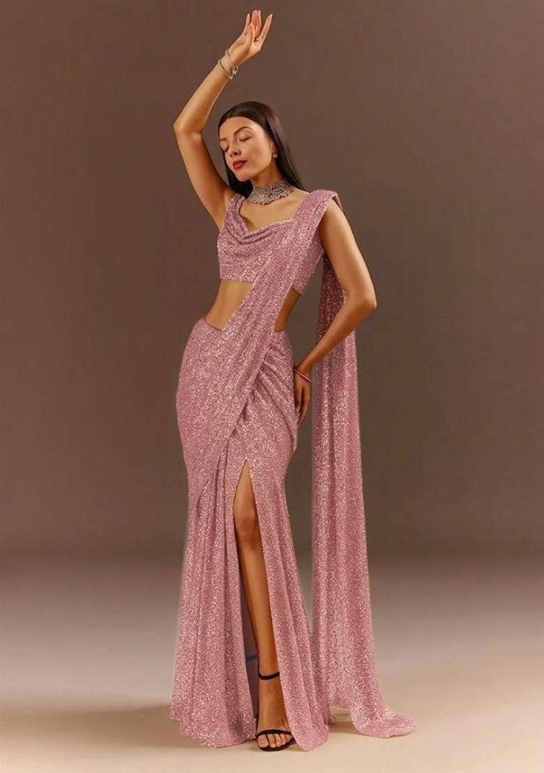 Rose Gold Embellished Lurex Pre Draped Saree Set for Diwali | Wedding & Festive Wear - Indya