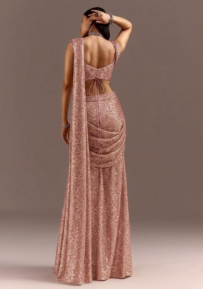 Rose Gold Embellished Lurex Pre Draped Saree Set - Indya