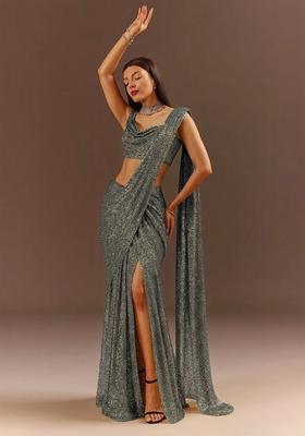 Charcoal Grey Embellished Lurex Pre Draped Saree Set