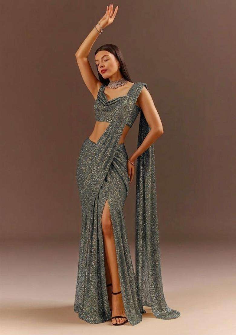 Charcoal Grey Embellished Lurex Pre Draped Saree Set for Diwali and Festive Wear - Indya