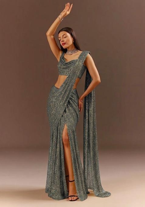 Charcoal Grey Embellished Lurex Pre Draped Saree Set