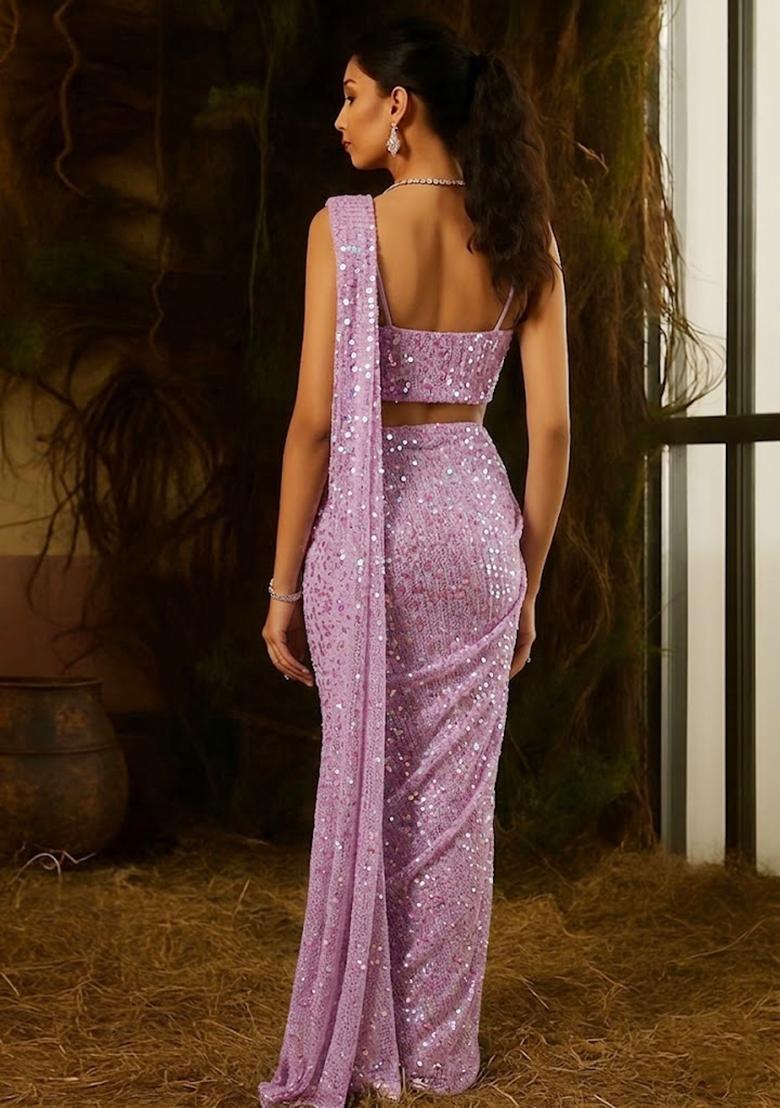 Lilac Sequin Net Pre Draped Saree Set - Indya