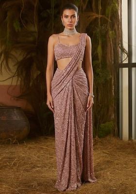 Dusty Rose Embellished Lurex Pre Draped Saree Set