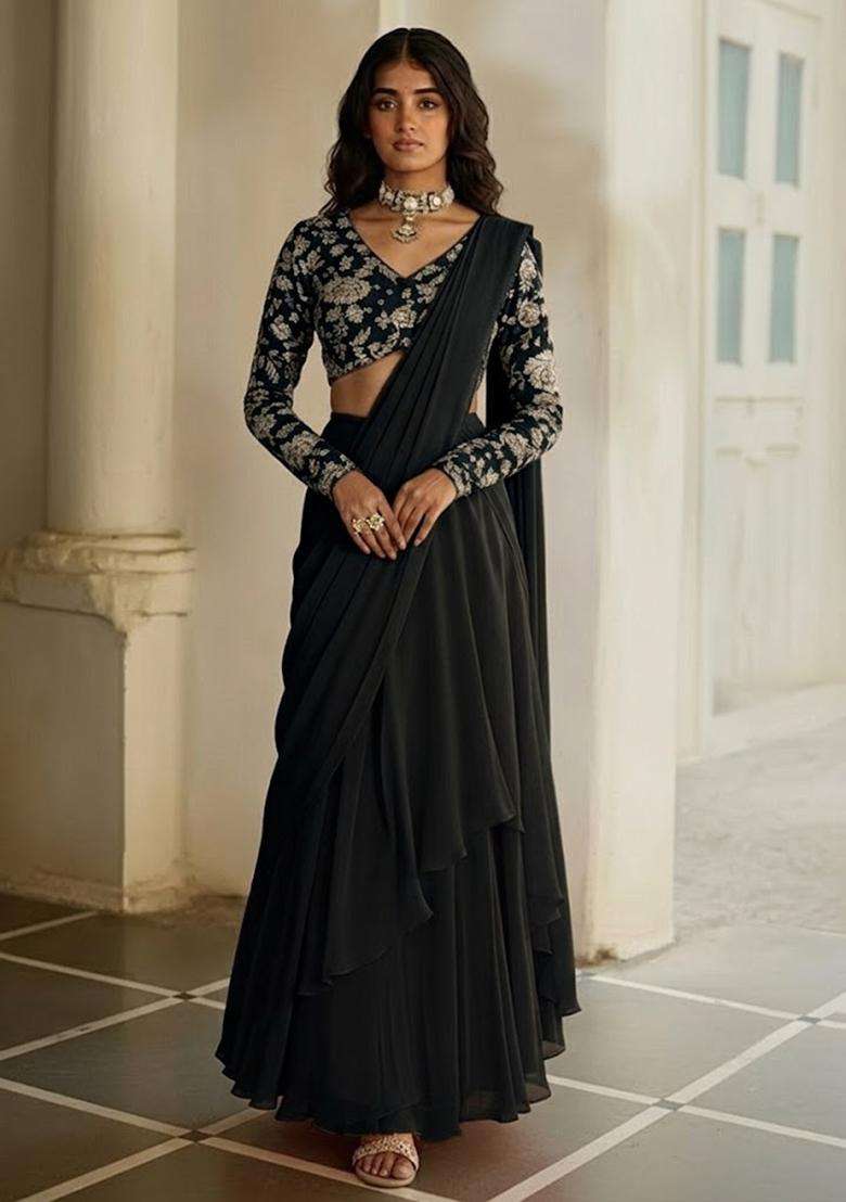 Jet Black Printed Poly Blended Pre Draped Saree Set - Indya