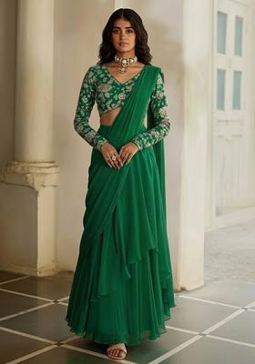 Emerald Green Printed Poly Blended Pre Draped Saree Set