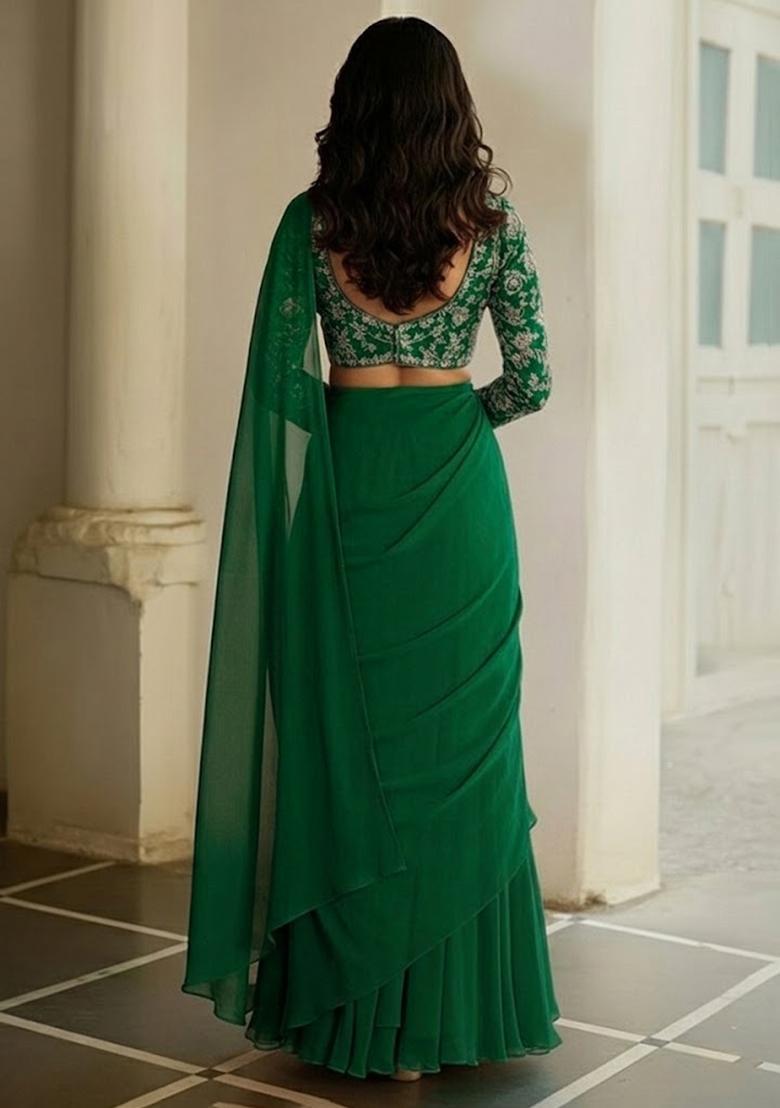 Emerald Green Printed Poly Blended Pre Draped Saree Set - Indya