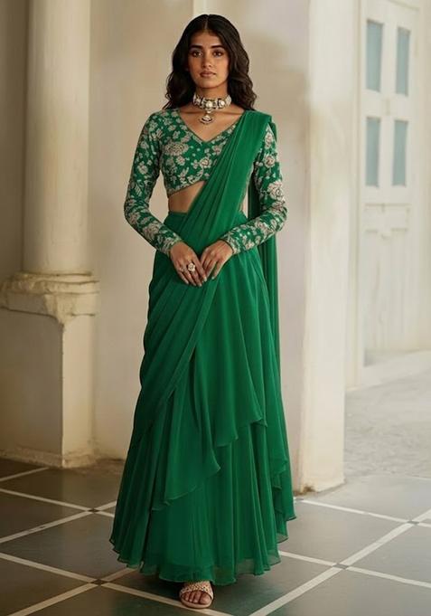 Emerald Green Printed Poly Blended Pre Draped Saree Set