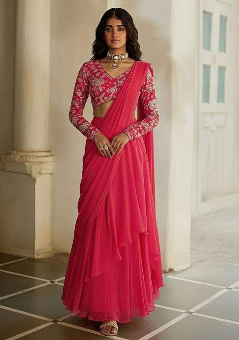 Hot Pink Printed Poly Blended Pre Draped Saree Set - Indya