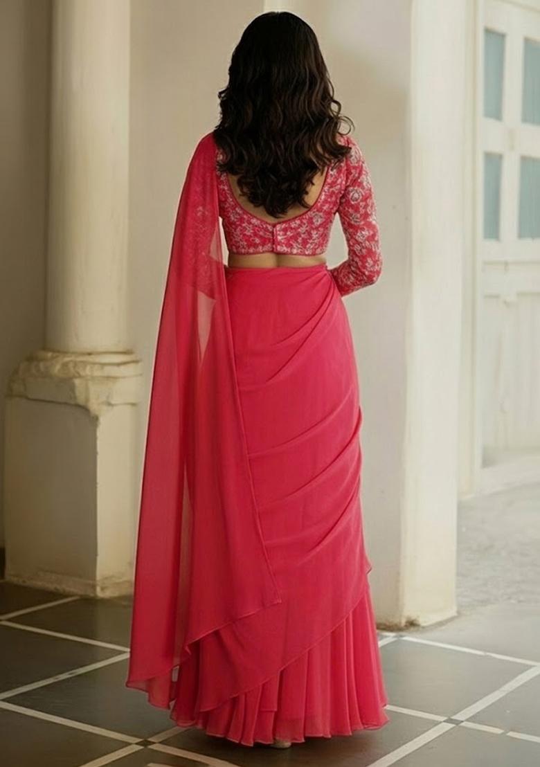 Hot Pink Printed Poly Blended Pre Draped Saree Set - Indya