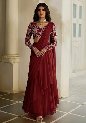 Maroon Printed Poly Blended Pre Draped Saree Set