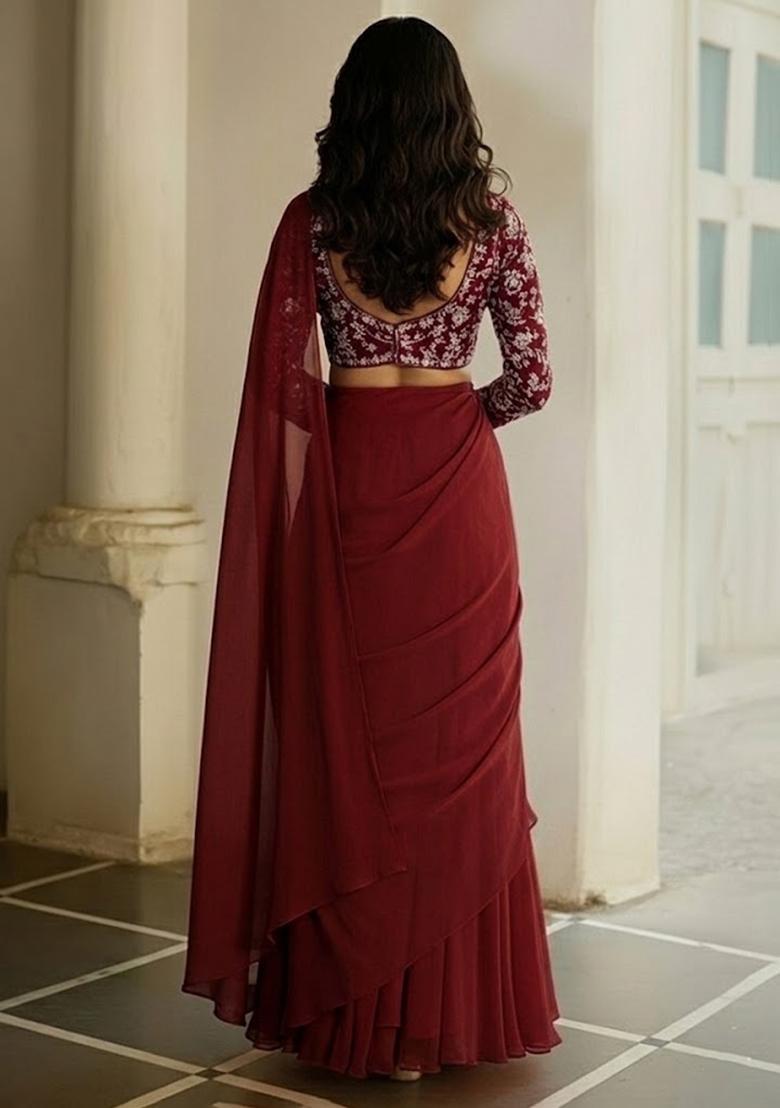 Maroon Printed Poly Blended Pre Draped Saree Set - Indya