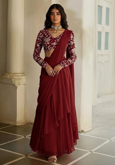 Maroon Printed Poly Blended Pre Draped Saree Set