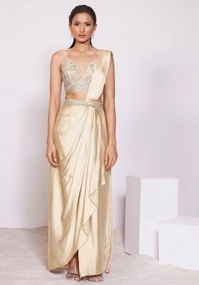 Champagne Gold Handwork Pre Draped Saree Set