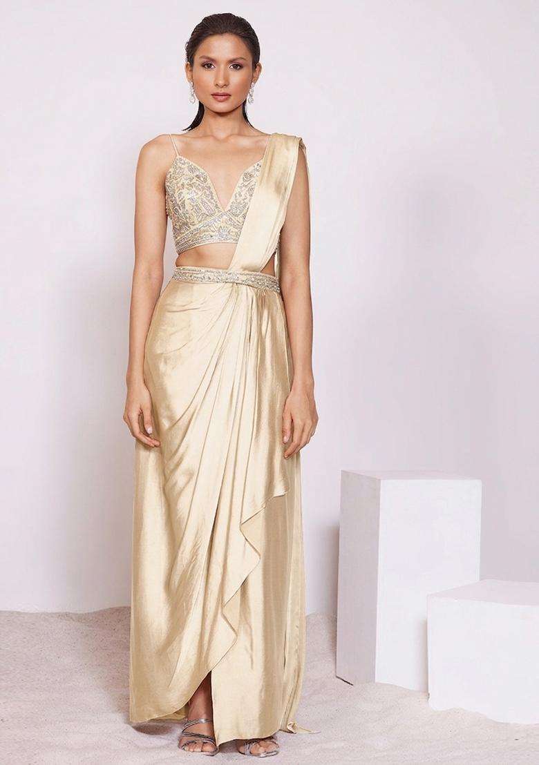 Champagne Gold Handwork Pre Draped Saree Set - Indya