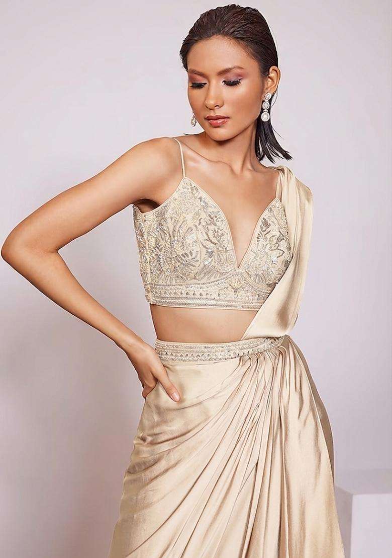 Champagne Gold Handwork Pre Draped Saree Set - Indya