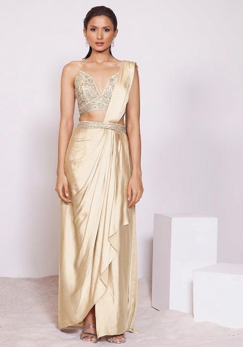 Beige Embroidered Handwork Pre Draped Saree Set