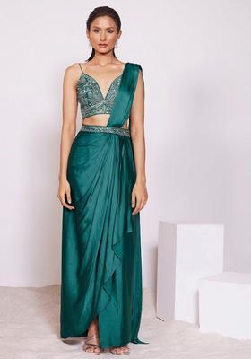 Emerald Green Handwork Pre Draped Saree Set