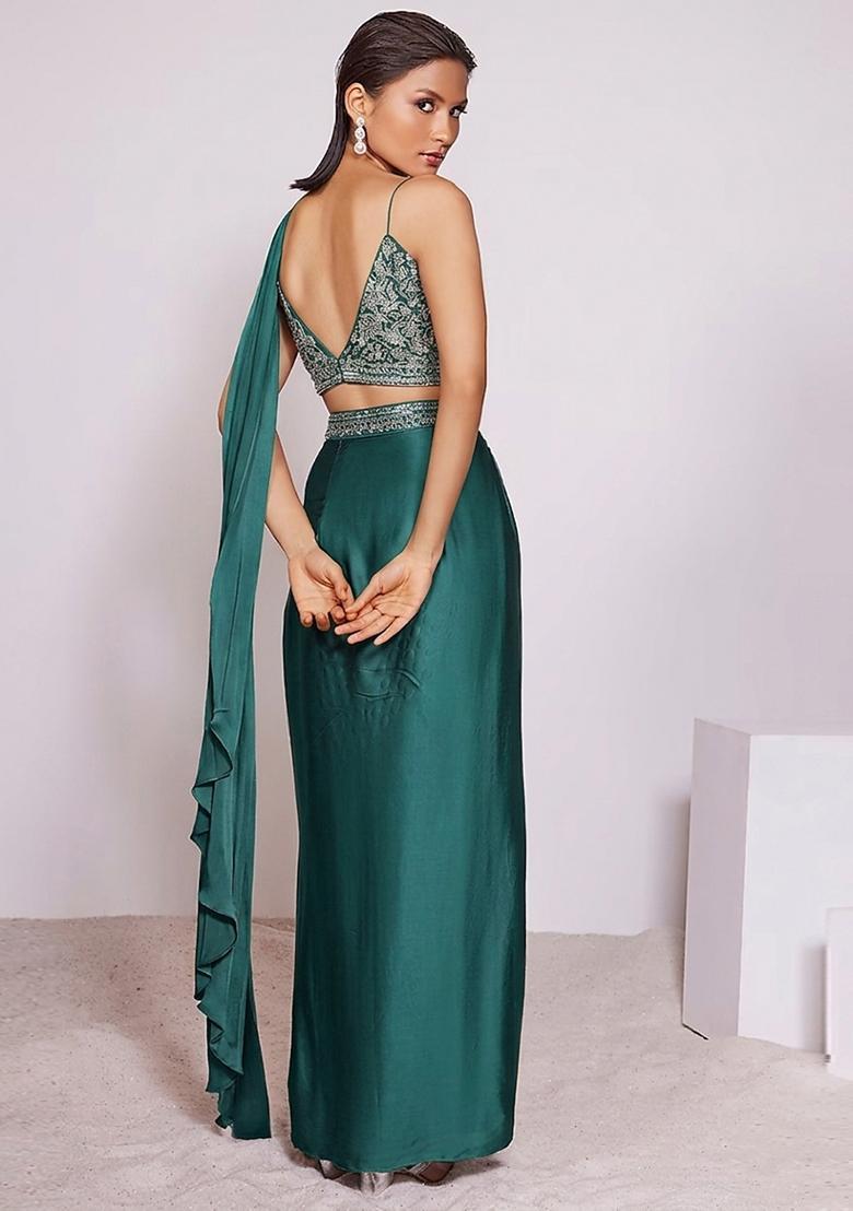 Emerald Green Handwork Pre Draped Saree Set - Indya