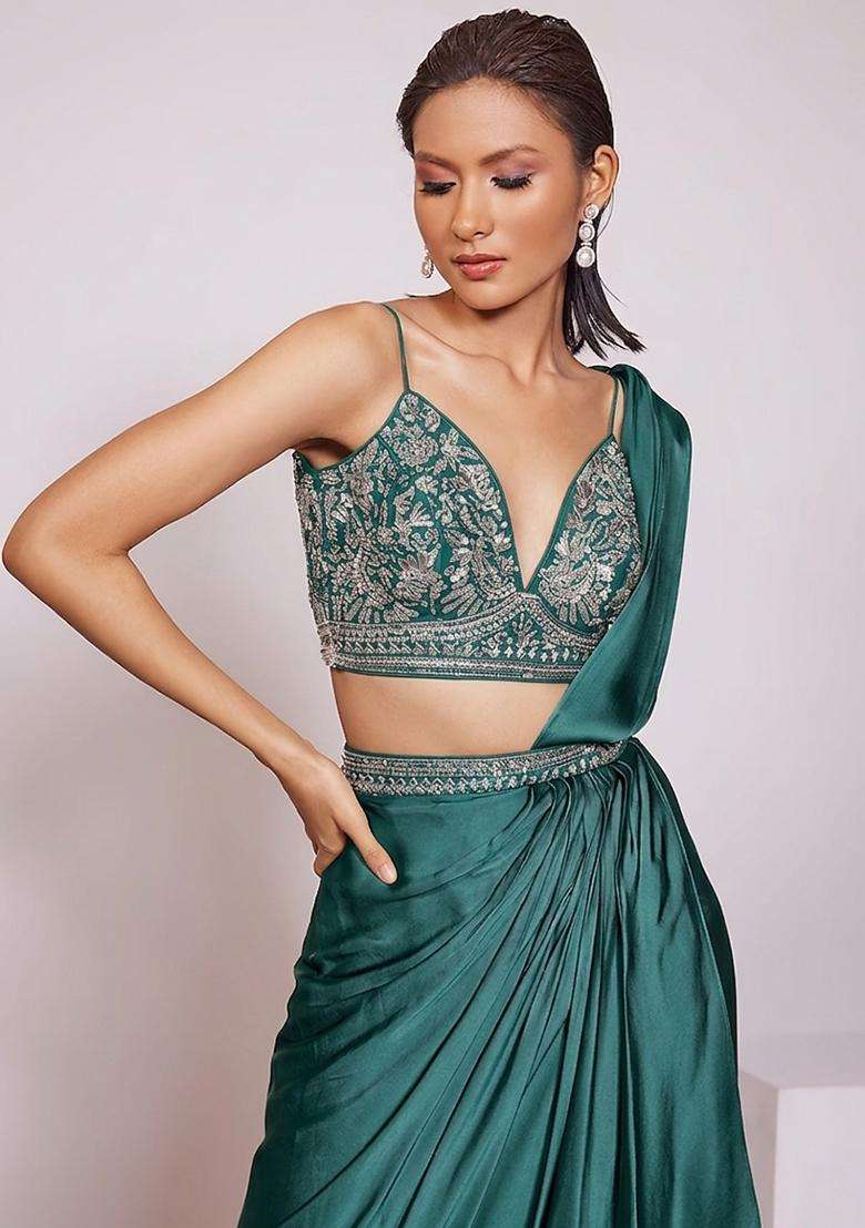 Emerald Green Handwork Pre Draped Saree Set - Indya