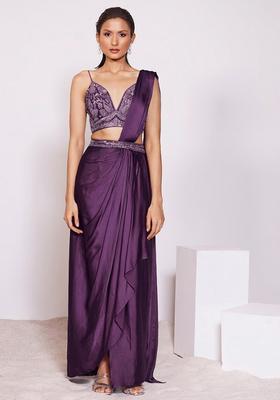 Deep Purple Handwork Pre Draped Saree Set