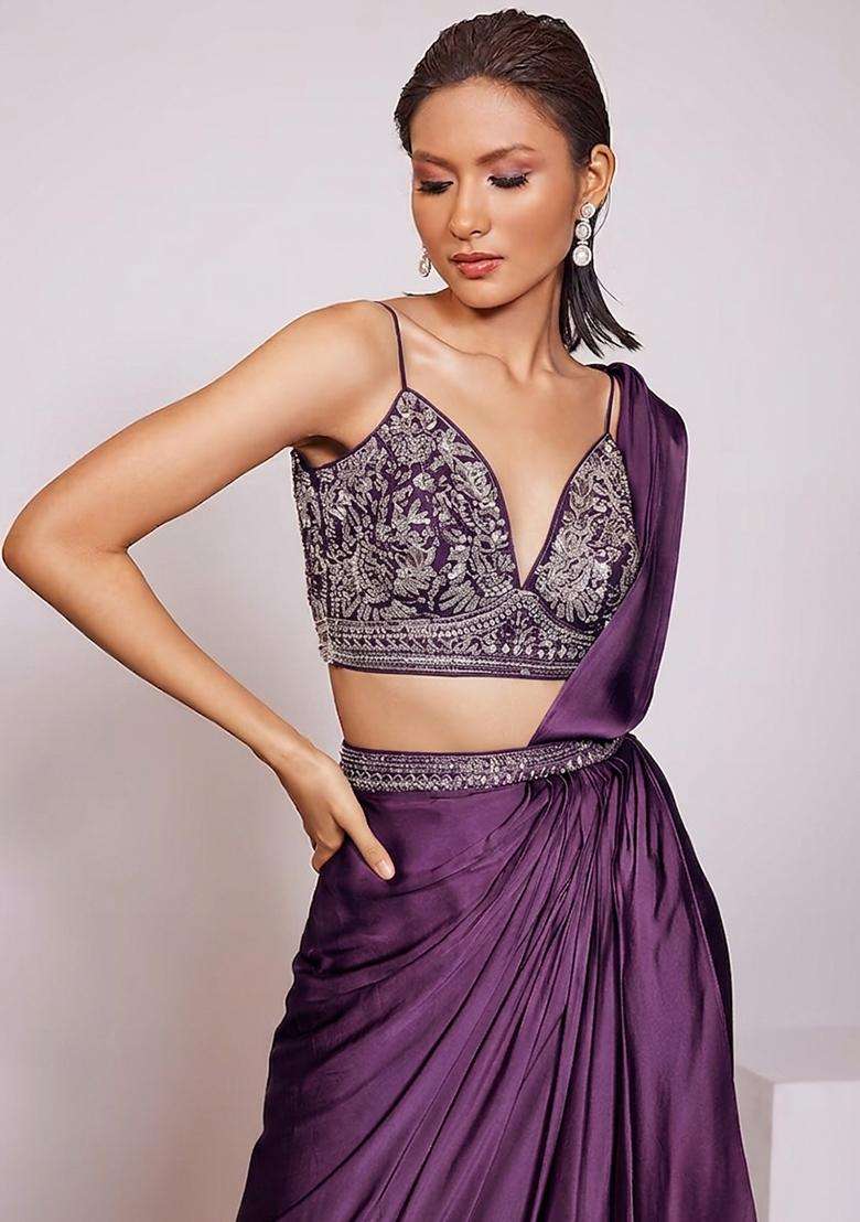 Deep Purple Handwork Pre Draped Saree Set - Indya