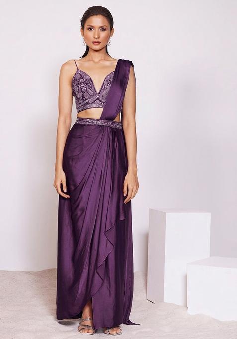 Purple Embroidered Handwork Pre Draped Saree Set