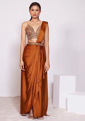Rust Brown Handwork Pre Draped Saree Set