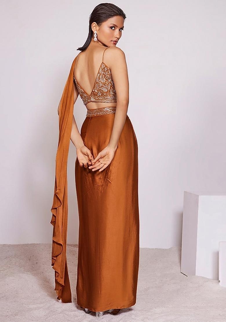 Rust Brown Handwork Pre Draped Saree Set - Indya