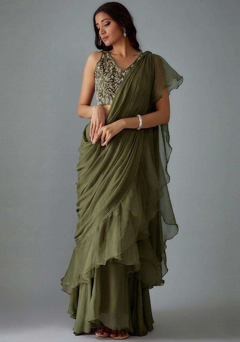Olive Green Handwork Pre Draped Saree Set - Indya